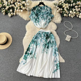 Blooming Printed Skirt Suit Women's New Thread Temperament Half-high Collar Top + Pleated Skirt Two-piece Set-Outfit