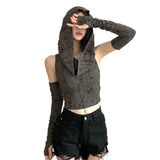2023 Autumn New Wasteland Street Hottie Sexy Hole-Breaking Empty Shirt Sleeve Top