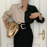 Blouse 2021 Chemise Femme Office Lady Button Up Turn Down Collar Shirts Women Plus Size Ladies Patchwork Blouses