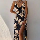 Fongt Women's Dress 2025 Summer Sling V-Neck Open Fork-Print
