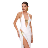 2025 New Solid-Color Swimsuit Women Feel Deep V-Loand Back Half Dress