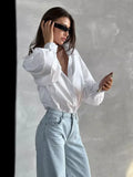 Sleeve Lady Shirt 2024 Summer Lazy Temperament Commuting Versatile Round Collar Lantern Sleeve Shirt-Outfit