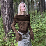 Fongt Do Old Butterfly Print Horn Sleeve T-Shirt New One Line Shoulder Slim Top Women-Outfit
