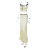 Satin Contrast Trim Bow Crop Top And Maxi Skirt Two Piece Set-Outfit