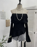 The Ballet Style Shoulder Fold Texture Texture Coat Irregularly Ribbon Horn Sleeve Short Shirt