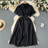 Gentle Wind Turn Collar Bubble Sleeve Medium-Long Shirt Skirt Lace Thin Hollow-Out Design French Dress-Outfit