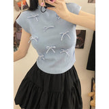 Fongt Wind Gentle Niche Bow High-Neck Short Sleeve New T-Shirt Summer Slimming Short Blouses