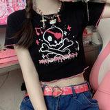 Fongt Top Female 2024 Summer Hot Girls Ins Harajuku Dark Cartoon Print Round Collar Short Sleeve Crop T-Shirt