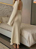Women Knitted Long Dress Long Flare Sleeve Backless Tie-up Round Neck Solid Color Ruffles Hem Dress Beachwear Vestido-Outfit