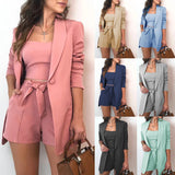 Color Suit Jacket Cotton Blend Fashion Temperament High Waist Shorts Three-piece