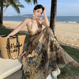 Fongt Retro Halter Dress Female V Collar Small Back Hollow Show Thin Holiday Fairy Skirt Spring-Outfit