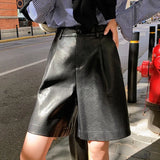 Buttons S-3XL Fashion PU Leather Shorts Women's Autumn Winter New 2019 Loose Five Points Leather Trouser Plus Size