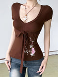 Fongt Print Niche Design Waist Tie With Short T-Shirt Hottie Simple Casual Top