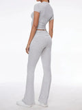 Short Sleeve Cropped Top Fold-over Flare Pants Set-Outfit