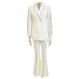 Fongt New Fashion Heavy Industry Nails Studded Suit Jacket Open Fork Trousers Set Two Sets
