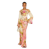 Fongt Middle East Women's Dress Prints Long-Sleeved Horns Long Dress Evening Dress