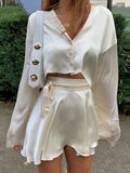 Satin Long Sleeve Buttoned Crop Blouse-Outfit