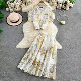 Fongt High-End Lace-Print Temperament Single-Drace Buckle Round-Neck Short-Sleeved Top Two Sets Of High-Rise Slimming Skirt
