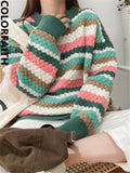 New 2022 Knitted Striped Warm Fashionable Oversized Wild Vintage Women Autumn Winter Sweaters Pullovers Tops