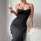 Fongt Summer New Temperament Hanging Neck Back Tie Slim Empty Lotus Leaf Skirt Dress