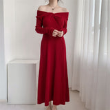Hepburn Style Advanced Sexy Shoulder Black Long-Sleeved Knitted Dress Women's Autumn Temperament Slim Dress-Outfit