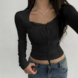 Lace Pleated Chest-Shaped Slim Long-Sleeved T-Shirt 2023 New