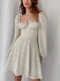 Floral Dress Women Lantern Long Sleeve Ruched Print A Line Square Neck Tie up Mini Vestidos Sexy Chic Summer Beach