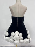 Black Strapless 3d Floral A-Line Mini Dress-Outfit