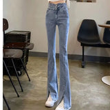 Fongt Waist Jeans Female Spring And Autumn New Slim Slim Straight Wide Leg Open Slit Micro Bell Pants-Outfit