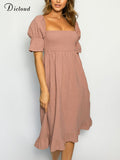 Boho Beach Summer Dresses For Women 2022 Elegant Solid Square Collar Dress Vacation Sweet Sea Holiday New Fashion