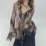 Fongt Pastoral Style Ancient Feeling Dizzy Dye Printed Gauze T-Shirt Retro Female Leopard Pattern Stitching With Horn Sleeve Jacket-Outfit