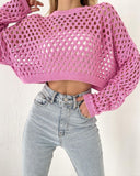 Fongt Spring And Summer New Knitted Shirt Horn Sleeve Loose Round Collar Hollow Sweater Woman