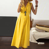 New Long Cotton Linen Buttons Downs Shirt Dress Simple Loose Turn-down Neck Temperament Sleeveless Dress Women Dress-Outfit