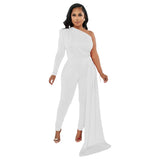 Fashion Women's Solid Color Diagonal Shoulder Cape One Shoulder Long Sleeve Trousers Jumpsuit-Outfit