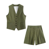 Fongt Summer Leisure Vest Set Linen-Blend Loose Vest + Shorts Set Women K27788