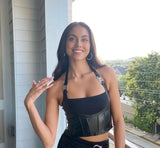 Black Pu Leather Halter Top-Outfit