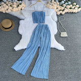 Fongt Suspenders Strapless Short Top High Waist Drop Feeling Wide Leg Pants Two-Piece Suit-Outfit