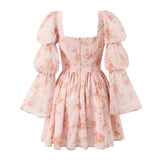 Floral Print Long Puff Sleeve Square Collar Mini Dress-Outfit