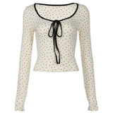 Round Neck Polka Dot Tie Knot Long Sleeve Tee-Outfit
