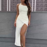 Fongt New Summer 2023 Solid Color Diagonal Collar One Shoulder Sexy Slit Dress-Outfit