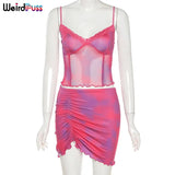 Puss 2021 Y2K Summer Women Skirst Suit Sexy Mesh Patchwork Camisole+Ruched Skirt Matching Elegant Trend Stretchy