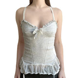 Fongt Desire Sexy Wind Wood Ear V Collar Sling Female Bow Chest Knit Mesh Splicing Vest-Outfit