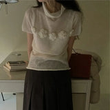 Floral Patchwork Ropa Mujer Half High Collar Tops Short Sleeve T Shirt Korean Chic Camisetas Summer Knitted Clothes Women-Outfit
