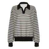 Vintage Polo Collar Striped Oversized Sweatshirt-Outfit