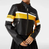 Contrast Pu Leather Cropped Moto Jacket-Outfit