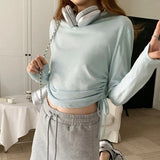 Thin Style Design Rope Long-Sleeved T-Shirt Woman Waist Slim Solid Color Short-Style Sunscreen
