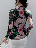 Winter High Neck Fashion Printed Thick Mesh Long Sleeve T-shirt Women Slim Trendy T Shirts Fashion Floral Top For Female-Outfit