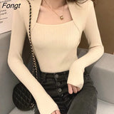 Fashion Korean Style Autumn U-neck Knitted Sweater Long Sleeve Slim Winter Tops Sexy Chic Pullover Female Jumper