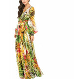 Fongt Spring Summer New Women's Dress V Collar Lantern Sleeve Red Leaf Print