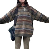 Fongt Vintage Striped Long Sleeve Sweater Women's Casual Pullover 2351-Outfit